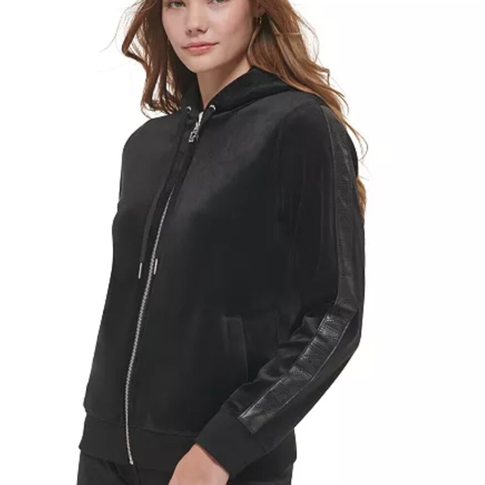 NEW, Large, Black Calvin Klein Women's Faux Leather Trim Velour Hoodie